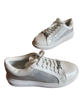 JUICY COUTURE RHINESTONE SIDE PANELS FAUX LEATHER LACED SNEAKERS WHITE SZ 7.5